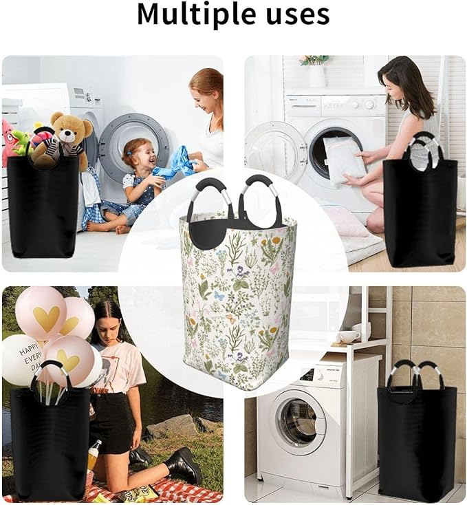 Floral Laundry Basket Vintage Botanical Laundry Hamper Plants Herbs Collapsible Baskets with Handle Dirty Clothes Hamper Bag for Dorm Family Bathroom Decor Storage 50L