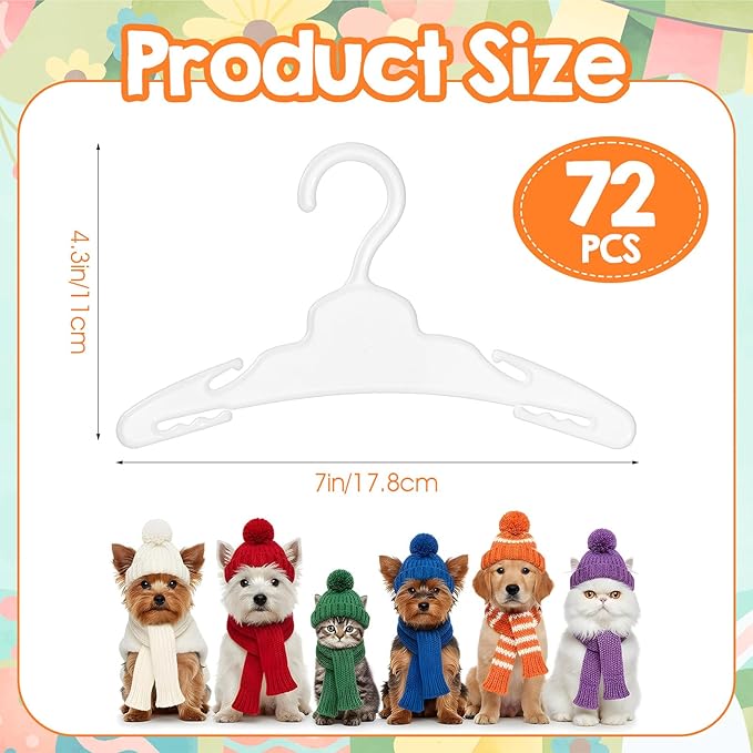 72 Pcs Dog Clothes Hangers, 7 Inch White Plastic Pet Clothes Hangers with Anti-Slip Design, Small Pet Clothing Hanger for Wardrobe Organization, Cat & Puppy Apparel