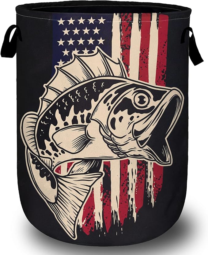 American Flag Bass Fish Laundry Basket, Laundry Hamper Collapsible Oxford Cloth with Handle Clothes Toy Storage Bin for Bathroom Laundry Room Bedroom 15.7 X 20 Inch