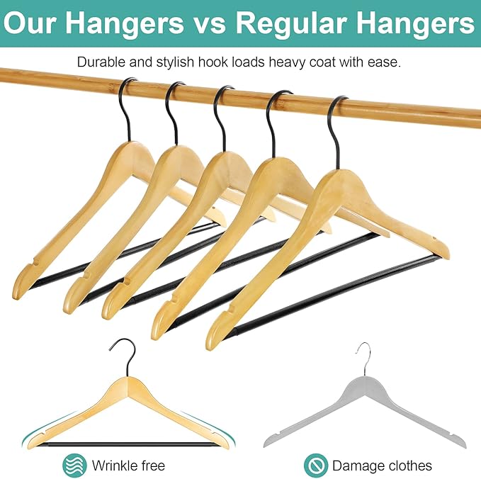 Premium Quality Solid Wood Clothes Hangers for Suits and Coats, Smooth Finishes, Non-Slip Pants Bar, 360° Swivel Soft Coated Hooks. Pack of 20(Clear Natural)