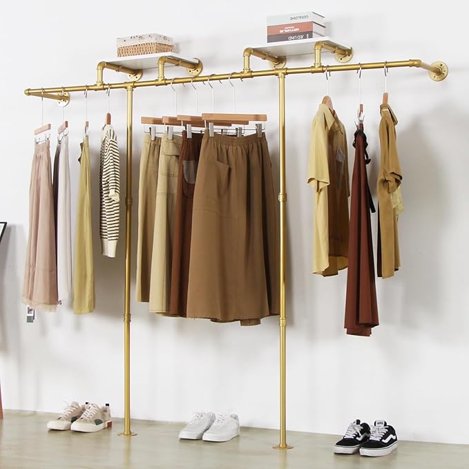 Gold pipe clothing rack for Hanging Clothes rack,Wall Mounted Clothes Rack With 2 Shelves,Heavy Duty Gold Industrial Pipe Clothing,Retail Display Closet Storage Clothes Organizer