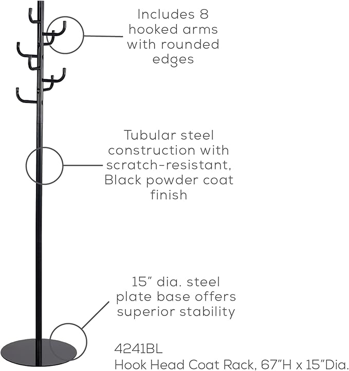 Safco Hook Head Coat Rack, Freestanding Hat and Jacket Hanger with 8 Rounded Edge Hooks, Durable Black Powder Coat Finish