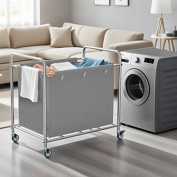 Commercial Laundry Cart with Wheels, 440 lbs Heavy Duty Industrial Laundry Cart with Sturdy Frame and Oxford Bag for Home Hotel Hospital, Rolling Laundry Cart for Home & Hotel, 400L(Grey)
