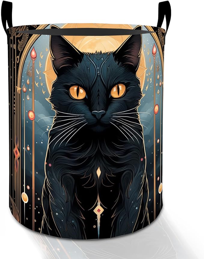 Mystical Black Cat Laundry Basket Hamper for Boys Girls Kids Adults, Foldable Waterproof Oxford Clothes Storage Bin, Gothic Organizer for Bedroom Bathroom Room Decor 19.7"x15.8"