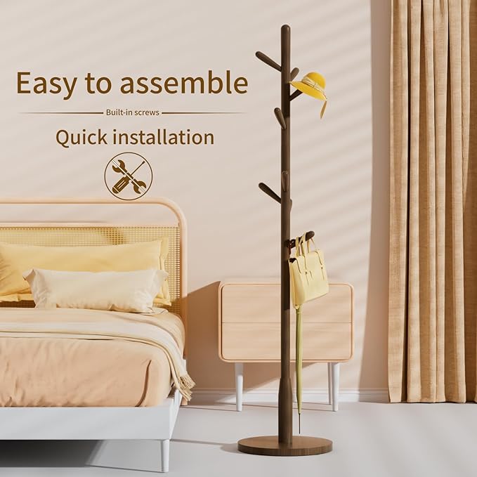 Solid Wood Round Base Coat Rack, Free Standing Hall Coat Tree with 8 Hooks（+2 spare) for Coats, Hats, Bags, Purses, for Entryway, Hallway, Rubberwood Hooks,Base and Pole(Round Base,Dark Walnut)