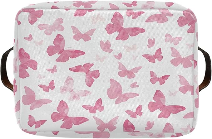 Watercolor Pink Butterfly Storage Basket Bin, Large Cube Storage Box Canvas Collapsible Storage Organizer for Home Office Closet, 2 Pack - 15 L x 11 W x 9.5 H