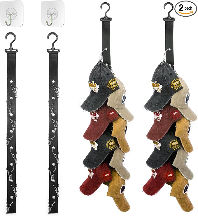 Hat Organizer for Baseball Caps,2 Pack Caps Wall Organizer, Door Hat Racks with 8 Stainless Steel Clips, Hat Hangers for Ball Caps and Accessories for Men and Women, Black