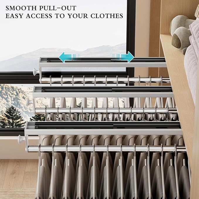 2 Pack Pull Out Closet Rod, 13.7inch Heavy Duty Pants Rack, Adjustable Clothes Hanger Rail, Space Aluminum Valet Rod, Top Mounted Wardrobe Clothes Organizer, Closet Storage for Trousers Coats White