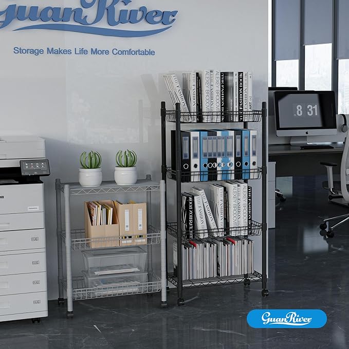 4 Tier Wire Shelving Wire Basket Shelf Storage Cart Adjustable Metal Shelf 2 Bottoms for Choose(Castor or Leveling Feet) for Office,Kitchen,Bedroom,Black(23.23" L x 13.11" W x 49.21" H)