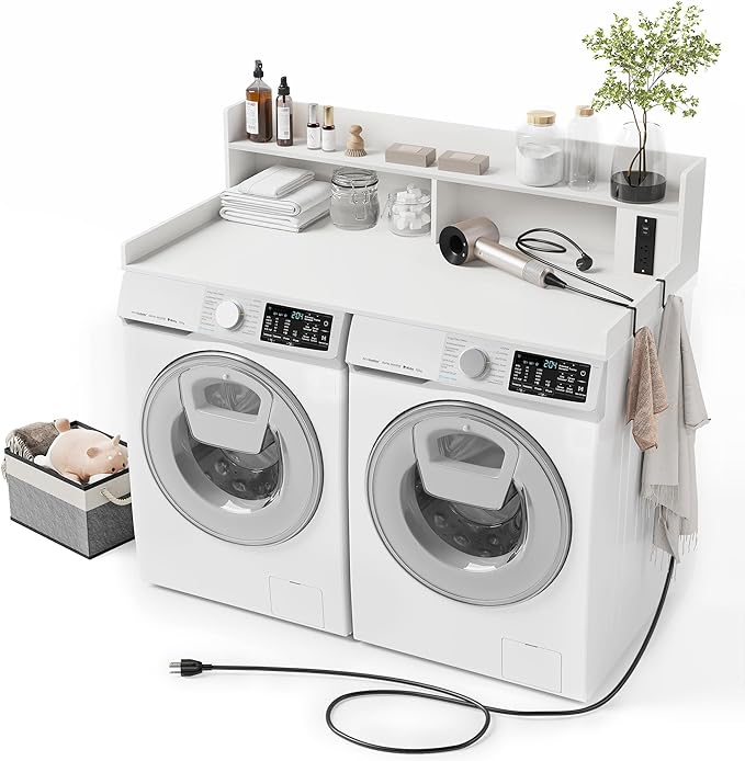 Upgraded 2-Tier Washer and Dryer Countertop with Power Outlet,54" W x 27.6" D Large Laundry Countertop for Fold Clothes, Laundry Topper with Non-Slip Pads & Metal Hooks and Storage Basket