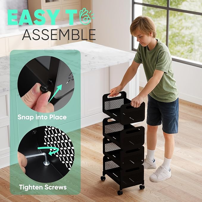 Sekey Fruit Vegetable Basket for Kitchen, 4 Tier Stackable Fruit and Vegetable Storage Cart, Pantry Organizers and Storage, Kitchen Furniture Utility Cart, Snack Rack, Potato and Onion, Black