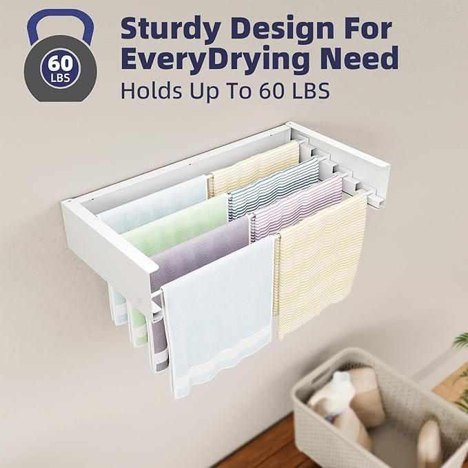 Laundry Drying Rack - Collapsible Wall Mounted Rack, 23.6" Wide, 11.2 Linear Ft, 4 Aluminum Rods, 60 lb Capacity (White)
