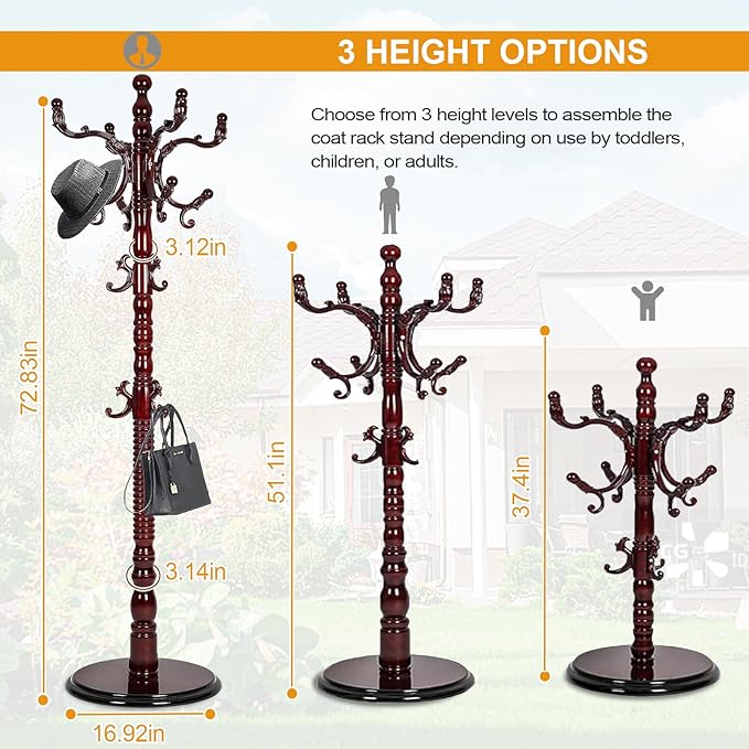 Free Standing Coat Rack with 14 Hooks, Vintage Wooden Coat Tree, Adjustable Height 73 Inches, Retro Coat Stand for Entryway, Living Room, Office & Bedroom (Mahogany) (Walnut, 1 PCS)