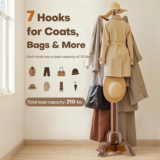 Hall Tree, Freestanding Wood Tree Rack with 7 Hooks, Coat Rack with Stable Sphere Base, Wooden Coat Rack Stand, Load 210 lb, Coat Hanger Stand for Entryway, Hallway, Bedroom, H:72 in, Walnut