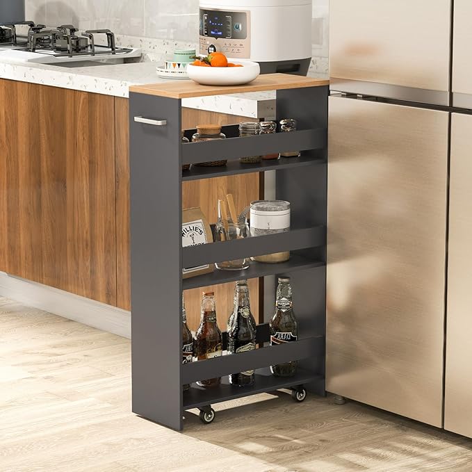 LOKO 4-Tier Rolling Storage Cart, 8 Inches Slim Kitchen Cart on Wheels with Open Shelves & Handle, Laundry Room Cart Between Washer and Dryer, for Narrow Space Bathroom Next to Fridge (Grey & Natural)