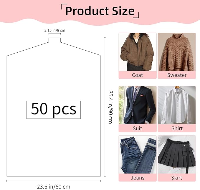50 Pack Clear Garment Bags Dry Cleaning Bags for Hanging Clothes, 35.4 x 23.6 Inch Plastic Dry Cleaner Bags, Transparent Clothes Covers Dust-Proof Protector Garment Bag for Closet Storage and Laundry