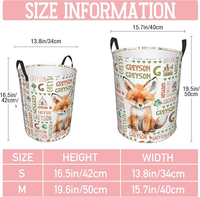 Fox Laundry Basket,Custom Laundry Hamper with Name,Personalized Fox Gifts for Boys Girls,Customize Collapsible Laundry Basket for Bedroom Bathroom,S-16.5"x 13.8"