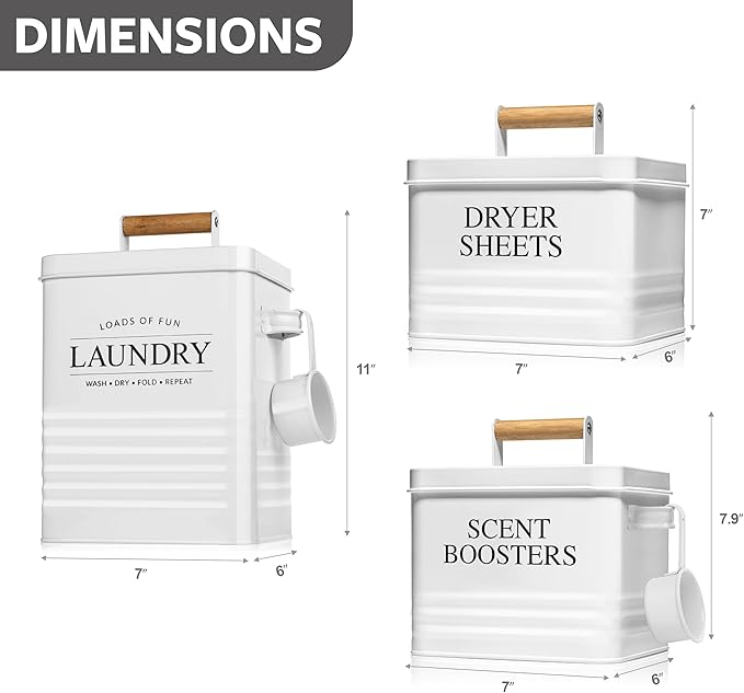 Calindiana Modern Farmhouse Laundry Powder Container, Dryer Sheets Holder and Scent Boosters Container Bundle for Organization and Storage, Laundry Room Decor
