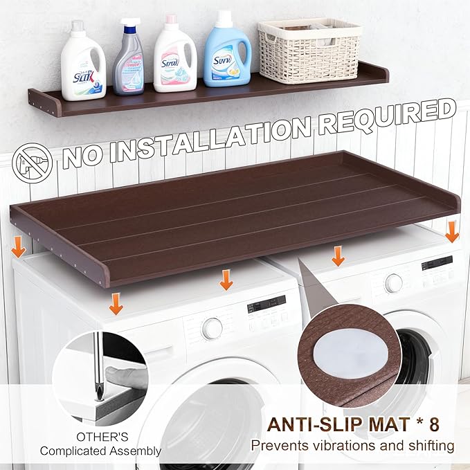 Chortmok Washer Dryer Countertop, HDPE Laundry Countertop with Edge Rails, No-Installation-Brown