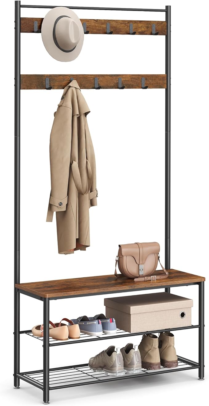 VASAGLE Coat Rack, Hall Tree with Shoe Storage Bench, Entryway Bench with Shoe Storage, 3-in-1, Steel Frame, for Entryway, 12.6 x 33.5 x 68.9 Inches, Industrial, Rustic Brown and Black UHSR401B01