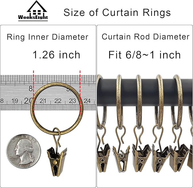 40 Pack Bronze Curtain Rings with Clips, Curtain Hooks Hangers Clip Rings for Hanging Drapes Bows Hat, Drapery Rings 1.26 in I D, Fits up to 1 in Diameter Curtain Rod.