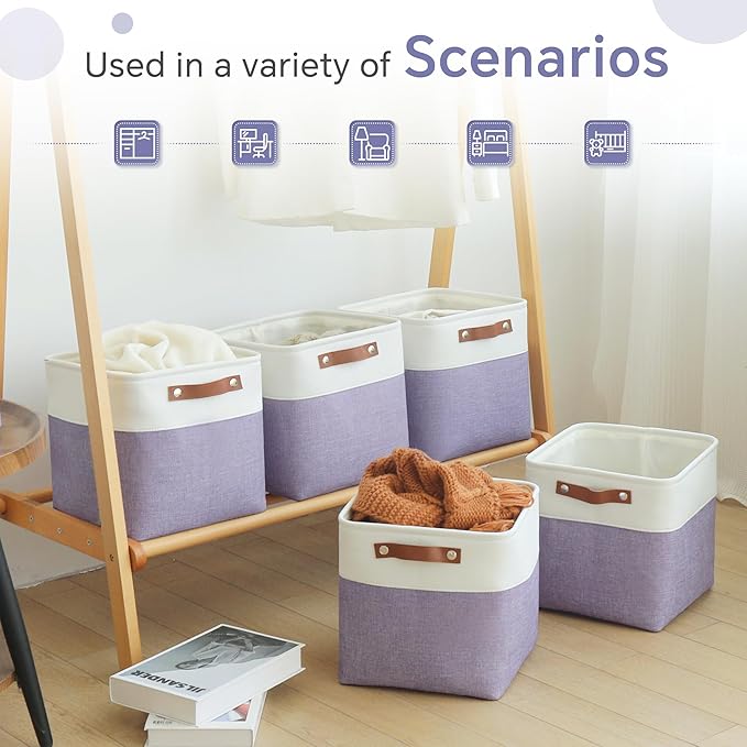 Cube Storage Baskets 6 Pack, 11x11 inch Cube Storage Bins with Leather Handles for Shelf Closet (White/ Purple)