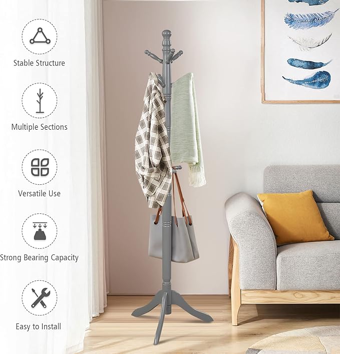 MEDIMALL Height Adjustable Coat Rack Freestanding, Rubber Wood Hall Tree, Entryway Coat Hanger Stand with 9 Hooks & Stable Tri-Legged Base For Home Office Entrance, Hat Stand, Gray