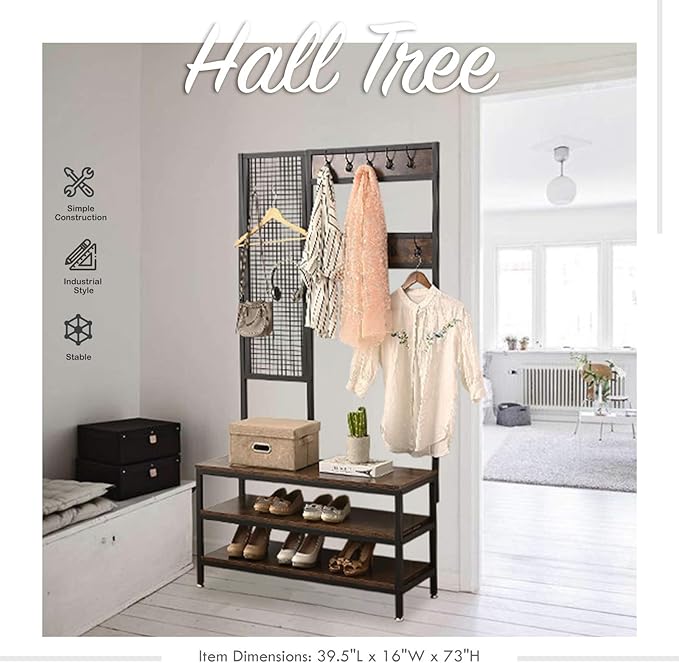 AJP Distributors Industrial Coat Stand Shoe Rack Bench + Grid Wall 3-in-1 Entryway Hall Tree 3-Tier Storage Shelves with 12 Hooks Hallway Hanger Organizer Metal Frame & Wood Look Accent Furniture
