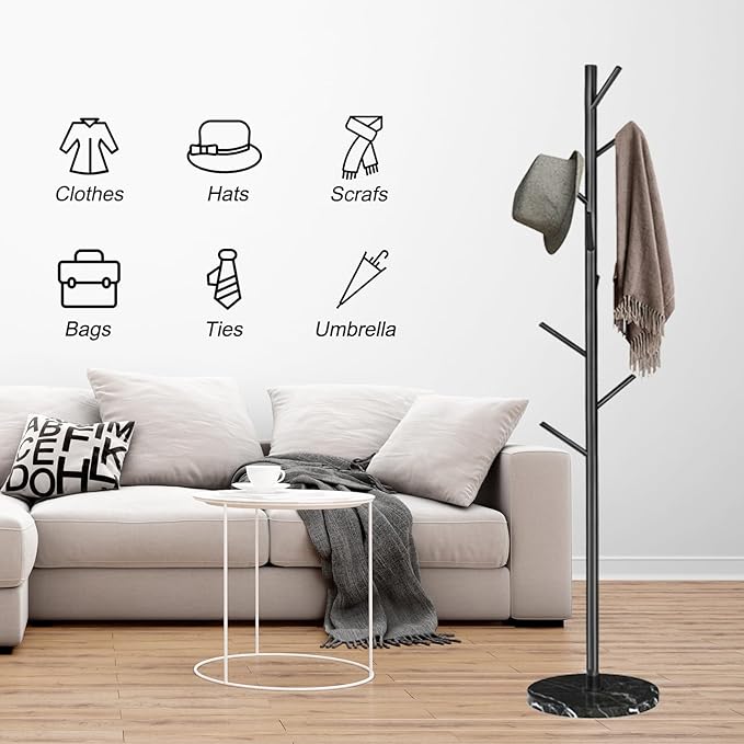Metal Coat Rack with Natural Marble Base, Modern Coat Rack Freestanding with 8 Hooks, Sturdy Coat Tree Stand, Black Hall Tree for Jacket Hat Bag Entryway