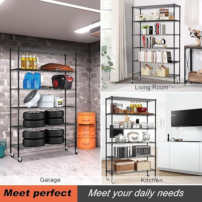YRLLENSDAN 6 Tier Shelf Heavy Duty Metal Shelving Unit with Wheels, Adjustable Wire Storage Shelves 2100LBS Capacity, Garage Shelving for Pantry, Kitchen, Closet, Black, 18" D x 48" W x 82" H