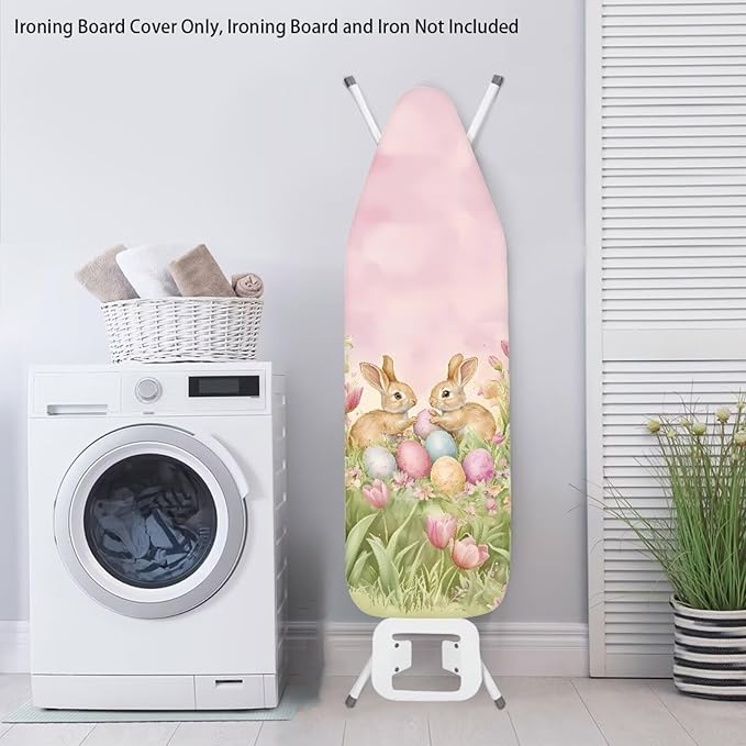 Tulip and Easter Bunny Ironing Board Covers Standard Size,Table Top Ironing Board Padding Thick,Scorch Resistant Iron Board Replacement Cover with Elastic Edge,Easy to Install