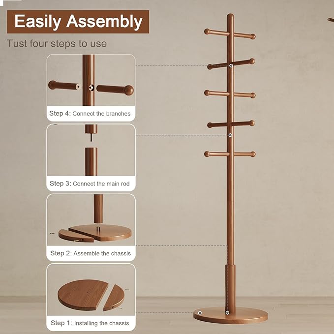 Solid Wood Coat Rack Freestanding with 10 Hooks, Coat tree freestanding 3 Adjustable Heights for coat, Hats, Handbags, Coat Stand for Entryway,Bedroom,office, Walnut