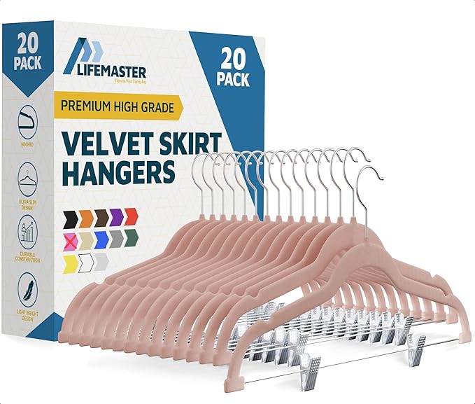 Lifemaster Velvet Pants Hangers – with Adjustable Clips, 360 Degree Swivel Hook, and Non-Slip Shoulder Notch, Holds Up to 10 lbs, for Organizing Skirt, Pants, Dress, and Clothes, Pack of 20, Pink