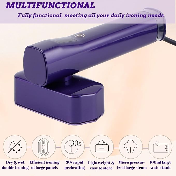 Compact Handheld Steamer, 30S Rapid Preheating 1200W Clothes Wrinkle Remover,100ml Large Water Tank Steam Iron, Capable of Removing Wrinkles on Fabrics, Clothes & Indoor Decorations (Purple)