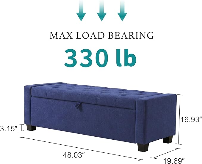 48" Ottoman with Storage, Storage Ottoman Bench with Safety Hinge, Upholstered Entryway Bench with Seating for Bedroom, Living Room, Holds up to 330 lb, Blue