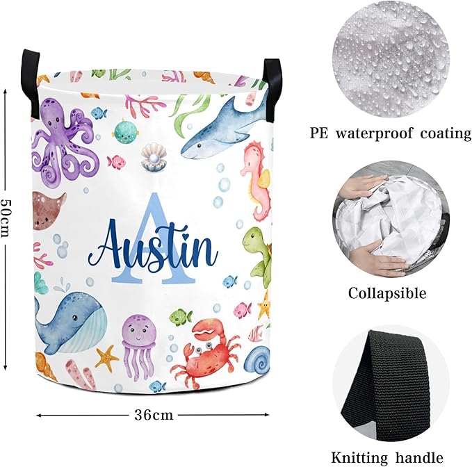 Large Custom Name Laundry Hamper, Ocean Sea Personalized Dirty Clothes Hamper Storage Basket with Name for Bathroom Bedrooms, Customized Name Circular Hamper with Handles for Baby Boys Girls Men Women