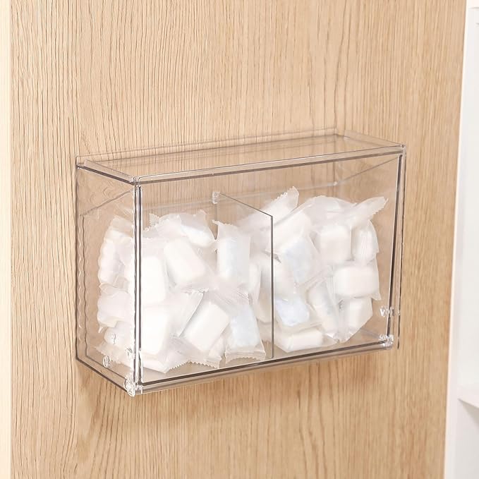 2 Pack Clear Dishwasher Detergent Pod Holder for Under Sink, Adhesive Cabinet Door Storage and Organizer for Kitchen and Bathroom, Plastic Laundry Pods Dispenser Box