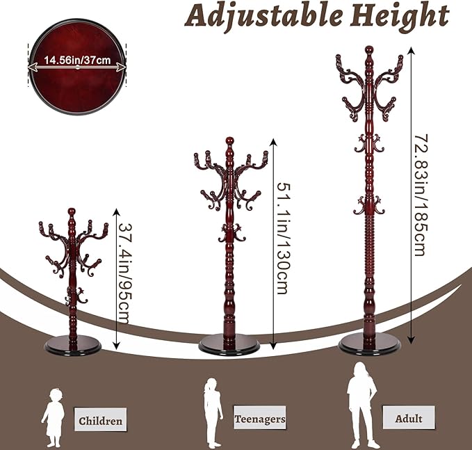 Wooden Coat Rack Freestanding with Resin Hooks, Adjustable Heavy Duty Stand for Hanging Coats, Bags, Hats, and Umbrellas in Living Room, Bedroom, Entryway (Rosewood color)