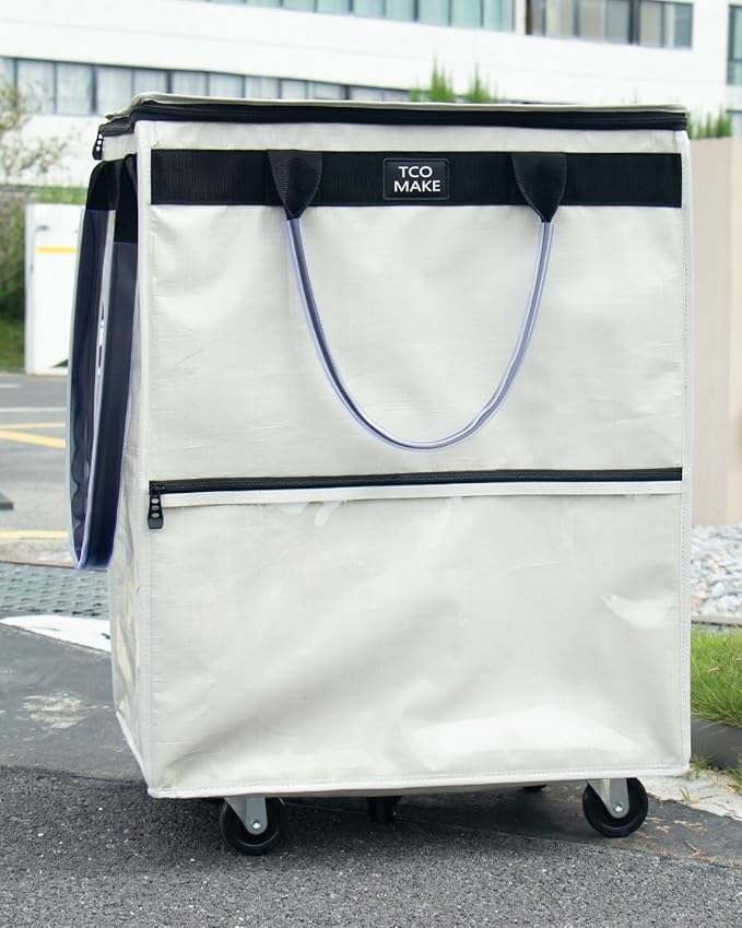 (Large, Beige) Reusable Grocery Bag on Wheels, Shopping Bags with Wheels and Handle, Folding Rolling Tote, Zipper Cover, Carries Up to 76 LBS, for Laundry, Picnic