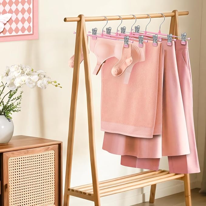 HUADYMEET 30 Pack 12Inch Pants Hangers with Clips,Metal Trouser Hanger for Jeans.Space Saving Skirt Hangers Heavy Duty Non-Slip Adjustable Clothes Shorts Hanger for Women,Men,Pink