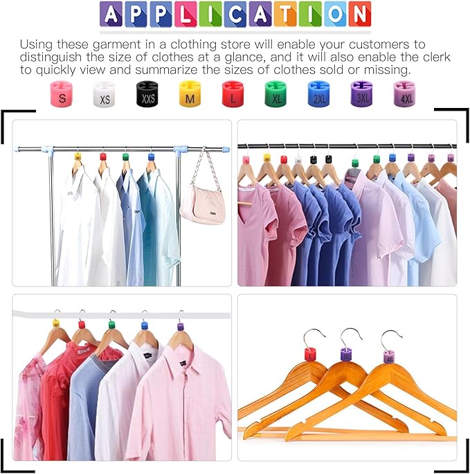 Glarks 290Pcs 9 Colors『XXS - 4XL』Colored Hanger Sizer Garment Size Markers Color Coded Size Clips Assortment Set Fit for 2-4mm Hanger Hook Used for Wire Hangers