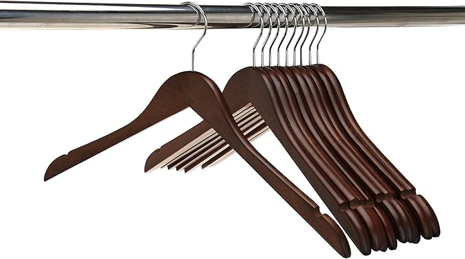 Quality Semi Curved Wooden Suit Hangers, 10-Pack Smooth Finish Solid Wood Coat Hanger with Swivel Hook, Jacket, Pant, Dress Clothes Hangers (Walnut - Chrome Hook, 10)