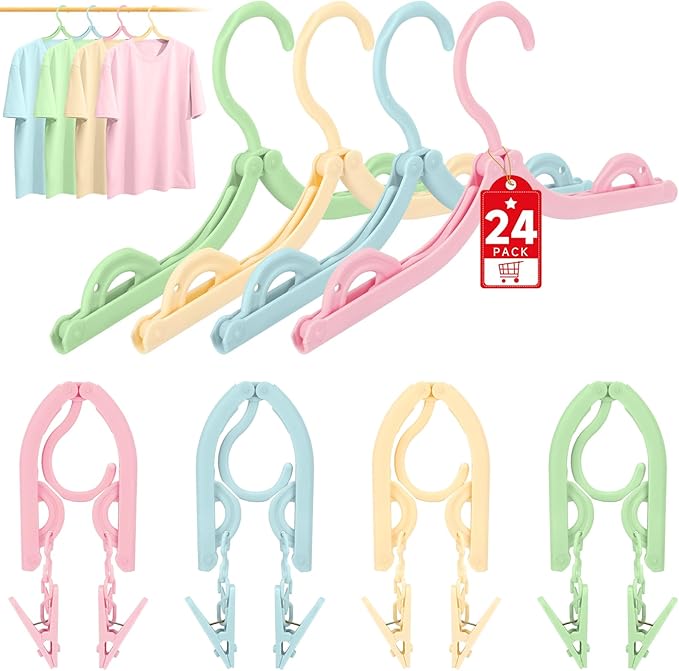 SAN LIKE 24 Pcs Travel Hangers with 48 Pcs Clips Folding Travel Hangers Non Slip Plastic Clothes Hangers Collapsible Portable Coat Hanger Drying Rack for Suitcase Flying Camping Hotel (24 Packs)