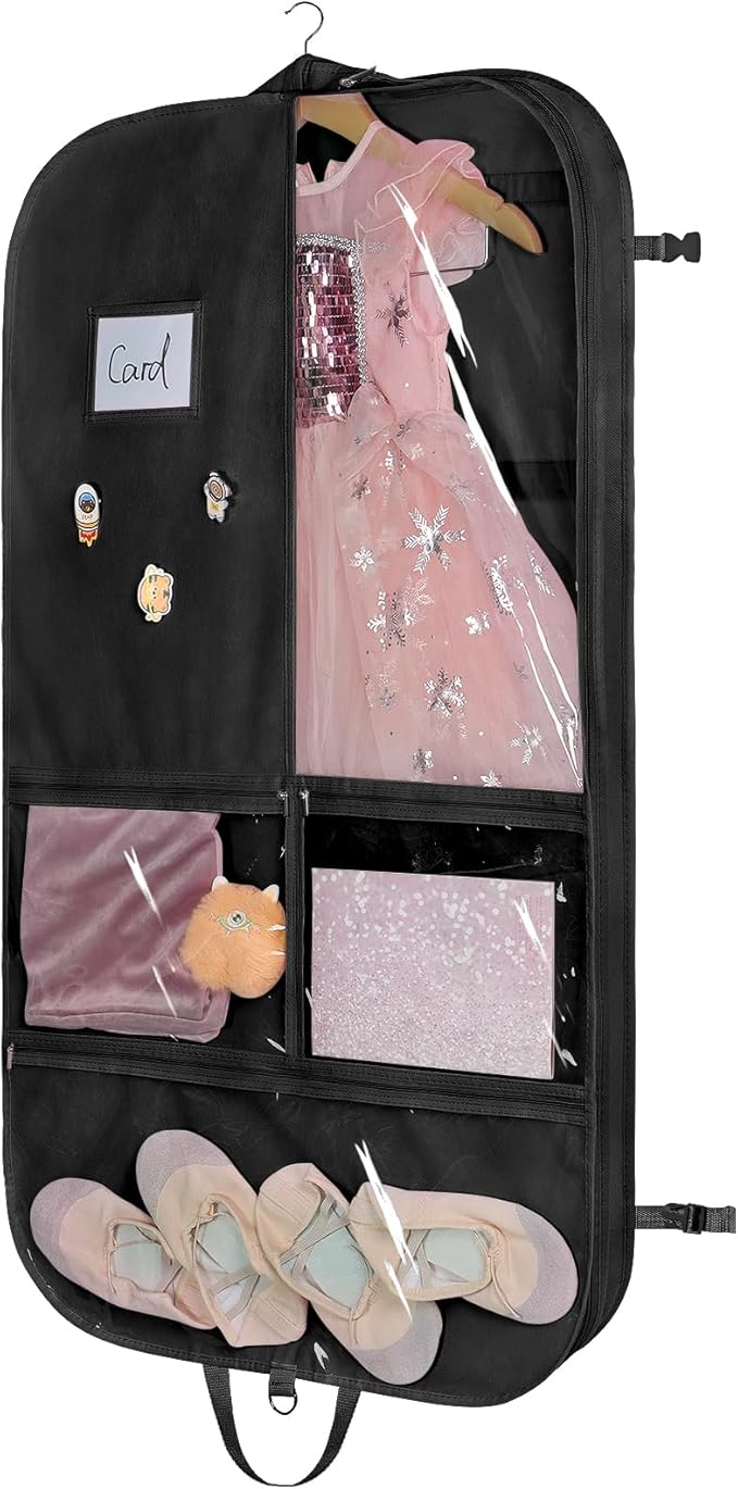 Univivi Dance Costume Garment Bag, 40 Inch Black Costume Bags For Dancers With 3 Medium Clear Zipper Pockets And 2 Back Zippered Pocket, 1 X Pendant, 3 X Badge For Competitions (2 Pack)