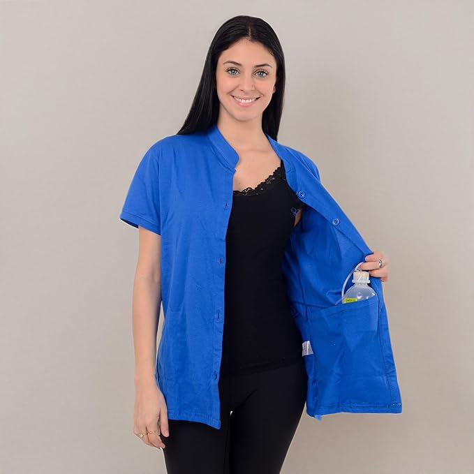 USBD Post Mastectomy Shirt with Drain Pockets Band Collar Post Op Recovery Tops