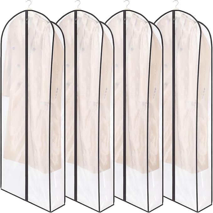 Zilink Breathable Leather Jacket Coat Storage Bags 60” Dress Bags for Gowns Long Dust Covers for Hanging Clothes with 7" Gussted Wrinkle Free for Leather Jacket Fur Coat Puffy Dress Storage, Set of 4