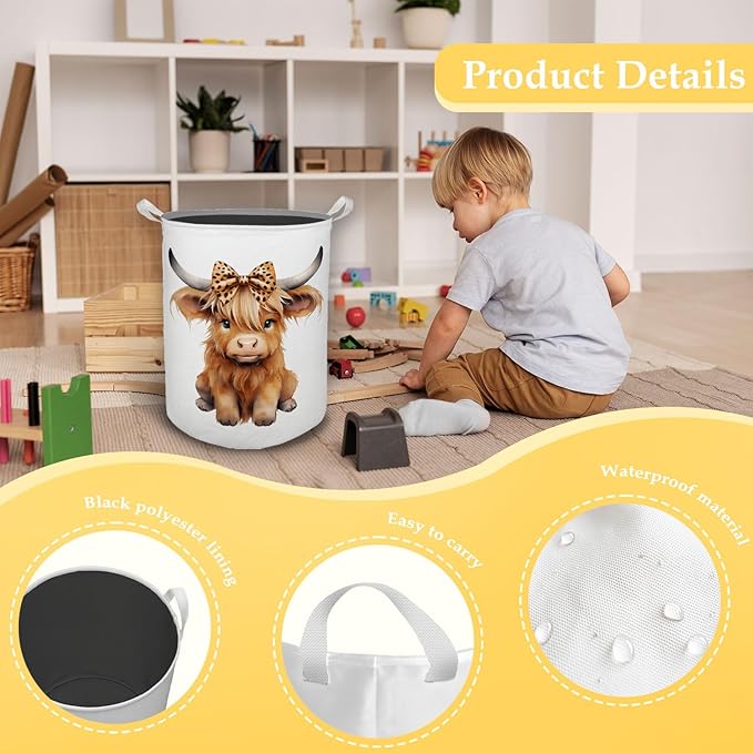 Highland Cow Baby Nursery Laundry Basket, Toybox for Girls Room, Leopard Bow Cow Laundry Basket Hamper Waterproof Collapsible Clothes Toys Storage Bin Organizer for Kids Room Playroom Bathroom