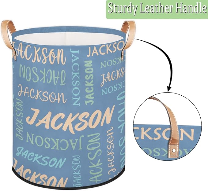 Custom Name Large Laundry-Basket for Kids-Boys-Girls, Personalized Foldable Waterproof Laundry Hamper Dirty Clothes Toys Storage Bin with Handles,Light Blue