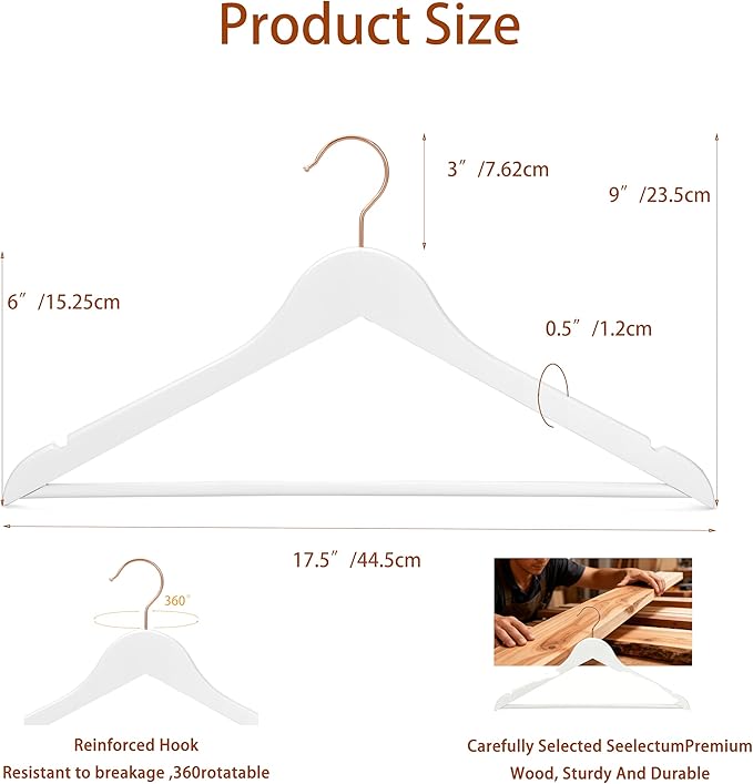 Natural white Wooden Hangers 20 Pack Non-Slip Clothes Hangers with 360° Rotating Hooks for Shirts, Durable heavy duty hangers, Slim Space saving Hanger,Pants, Suits - Ideal for Closet & Travel Storage