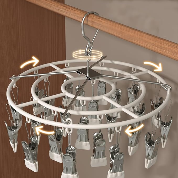 Drying Rack for Sock, Stainless Steel Sock Drying Rack with 24 Clips, Swivel Hook Windproof Hanger for Sock, Bras, Towel, Underwear, Laundry, Hat, Scarf, Pants, Gloves (Gray)